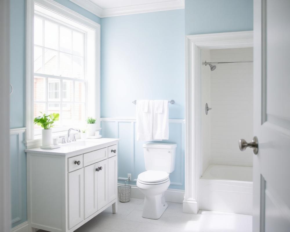 Bathroom painted pale blue with a white vanity and trim