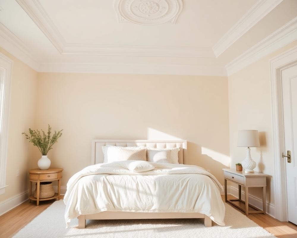 Bedroom repainted in a warm off-white with white trim and ceiling