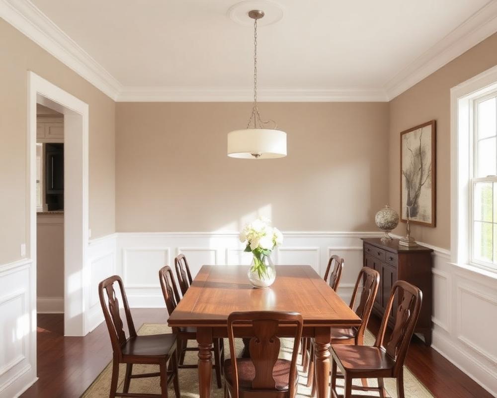 Dining room with freshly painted greige walls and white wainscoting