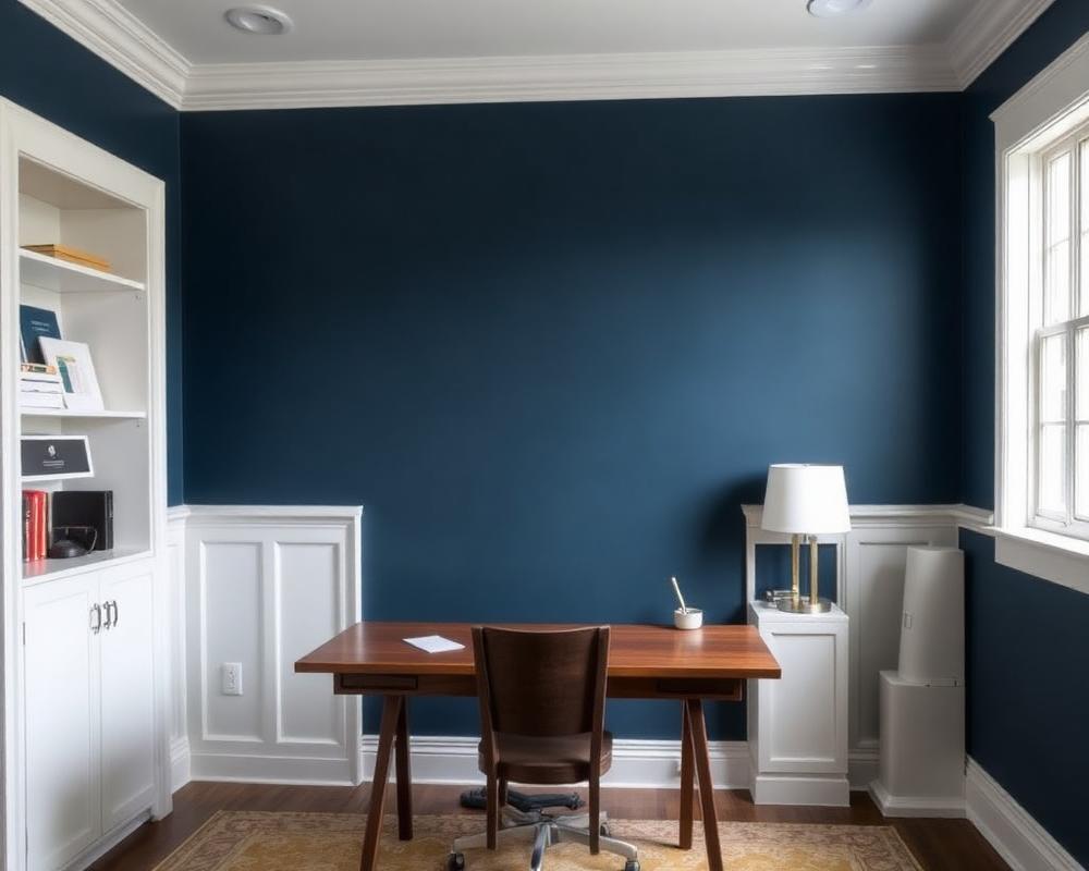Home office with a deep slate blue feature wall and white wainscoting